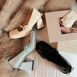 Advbridge  -  Korean version bow single shoe square toe Mary Jane new spring and autumn shallow cut patent leather high heels