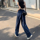 Advbridge Ultra Thin Dark Blue Jeans High Waist Draped Wide Legs Denim Pants Women Summer Loose Straight Ice Silk Casual Pants Streetwear