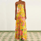 Advbridge Elegant Off Shoulder Halter Bohemian Dress Women Sexy Sleeveless Backless Suspenders Dress Fashion Print Pleat Loose Long Dress