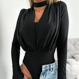 Advbridge 2yk Clothes Lady Sexy Slim Waist Rompers One Piece Sexy V-neck Solid Basic Jumpsuit Women Folds Long Sleeve Tops Women Bodysuit