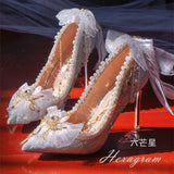Advbridge Elegant Retro Lolita Court Style Lolita Flower Wedding Gorgeous Satin Bow Pearl Gem Ribbon Bowknot 7.5-10.5cm High Heels Shoes