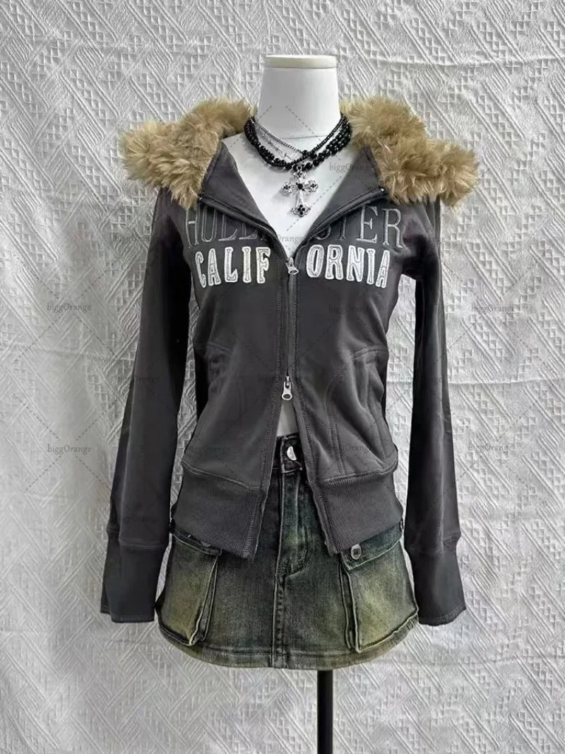 Advbridge Vintage Harajuku Y2K Streetwear Women Gothic Punk Cross Print Fur Collar Zipper Hoodie Hip-hop Fashion Casual Loose Sweatshirt