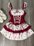 Advbridge France Vintage Slim Square Neck Print 2 Piece Set Women Sweet Cute Lace Bow Patchwork Tops Female + High Waist Short Skirt 2024