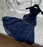 ADVBRIDGE  -  Navy Blue Halter Dress for Women 2025 Summer French Sleeveless Pleated Chiffon Short Dresses with Waist Chain Party Girl's Frock