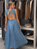 ADVBRIDGE  -  Casual Backless Denim Long Dress Fashion Lace Up Sleeveless Pleated Zipper Gown New Women Summer Highstreet Holiday Dresses 2025