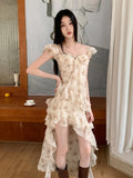 ADVBRIDGE  -  French Retro Printed Dress Women Summer Short Sleeved Chiffon Square Neck Vestidos Elegant Irregular Ruffle Design Fashion Dress