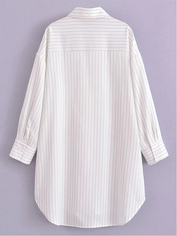 Advbridge White Stripe Shirt Dress Women Autumn Spring Slit Casual Oversize Single Breasted Turn Down Collar Short Summer Dress