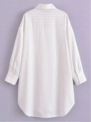Advbridge White Stripe Shirt Dress Women Autumn Spring Slit Casual Oversize Single Breasted Turn Down Collar Short Summer Dress