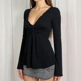 ADVBRIDGE  -  Simple Solid Americna Ruffle V Neck Buttons Design Shirst Y2k A-line Sexy Low V Neck Long Sleeve Women Tops Harajuku Casual Tees