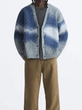 Advbridge Striped Plush V-neck Cardigan Men's Loose Casual Brushed Knitted Sweater Trendy Simple Versatile Harajuku High Street Coats