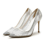 Advbridge Ladies Glitter Rhinestone Mesh Bling heels Pumps Summer Pointed toe Nude Black Mesh Crystal Sequined High Heels Wedding Shoes