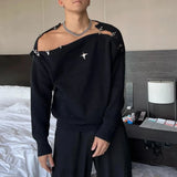 Advbridge Mens Autumn Winter Metal Shoulder Buckle Y2k Off-Shoulder Knitted Sweater Essential Hollow Lazy Style Loose Sweater For Men