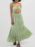 ADVBRIDGE  -  Casual Solid Hollow Out Long Dress Elegant Lace Up Pleated Backless Off Shhoulder Robes New Women's Summer Vacation Beach Gowns
