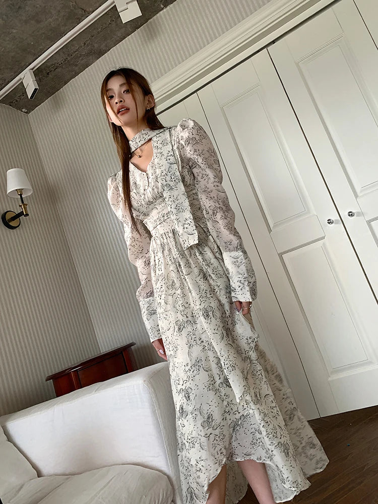 Advbridge New Floral Women Slim Midi Dresses New Autumn Streetwear Long Sleeved V-neck Vintgae Elegant Ladies Waist Dress Korean