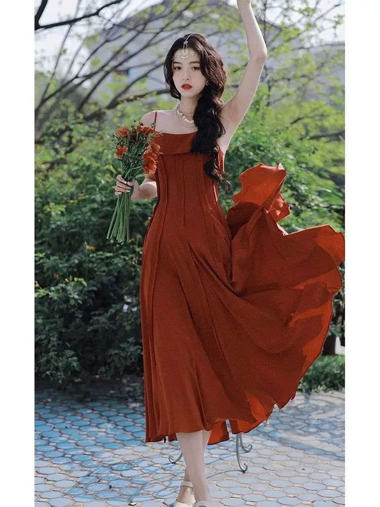 Advbridge  French Red Strap Long Dress Thin Shoulder Strap Dress Small Show Seaside Skirt Long Dress Hot Summer Vacation Beach Red Dress