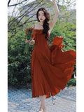 Advbridge  French Red Strap Long Dress Thin Shoulder Strap Dress Small Show Seaside Skirt Long Dress Hot Summer Vacation Beach Red Dress