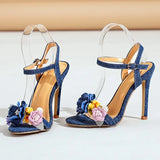 ADVBRIDGE  -  Fashion Denim Blue Designer Women's Heels Luxury Flowers Pearl Decoration Heeled Sandals Women Summer Sexy Thin High Heels Pumps