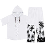 ADVBRIDGE  -  Daily Casual Loose Two Piece Suits Men Summer Fashion Pattern Print Outfits Mens Short Sleeve Hooded Shirts And Pants Loose Sets