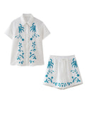 Advbridge Drawstring Embroidery Shorts Sets Women Summer Outfits Casual 2 Pcs Loose Matching Set Suit Turn Down Collar Wide Leg Shorts