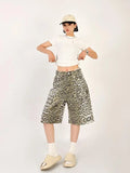 Advbridge  Women Tan Leopard Print Denim Shorts Y2k Baggy Vintage Streetwear High Waist Jeans Summer Wide Leg Five Points Trouser