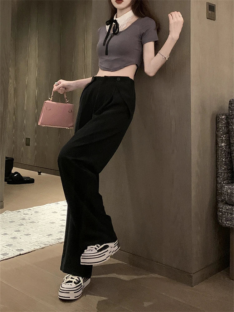 Advbridge  -  Women's Wide Leg Casual Black Suit Pants Fashion Commuter Office Girl Temperament Female High Waisted Straight Thin Trousers