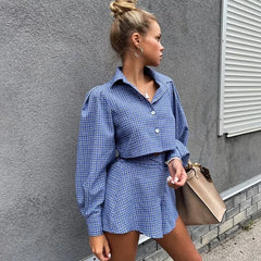 Advbridge -  2 Pieces Set Plaid Contrast Shirt Shorts Set Women Crop Long Sleeve Shirt Loose Slim Short Pants Casual Suit Elegant Streetwear