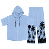 ADVBRIDGE  -  Daily Casual Loose Two Piece Suits Men Summer Fashion Pattern Print Outfits Mens Short Sleeve Hooded Shirts And Pants Loose Sets
