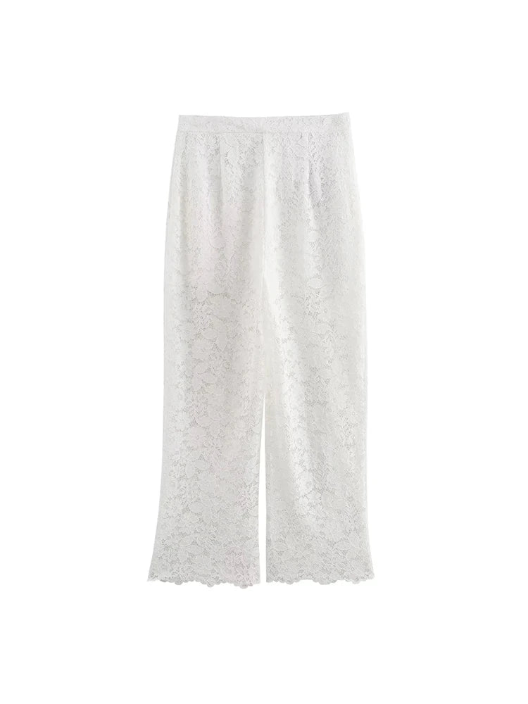 Advbridge Transparent White Pants Set Women Summer Casual Office Female Outfit 2024 Hollow Out Matching Set Spring Suit