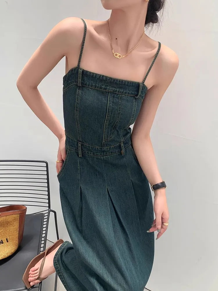 Advbridge Deep Blue Denim Camisole Dress For Women'S Summer Retro One Shoulder Elastic Strapless Slim Fitting Temperament Dress