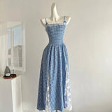 ADVBRIDGE  -  Women Spaghetti Dress Sweet Bow Lace Strapless Sexy Plaid Retro Suspenders Vstidos mujer French Style Elegant Dresses Summer