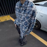 Advbridge Men's Retro Ripped Plaid Shirts Leisure Popular Clothing Light Luxury Clothes Short Sleeve Streetwear Fashion Check Blouse M-3XL
