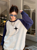 Advbridge -  Womens Pullover Blue Vintage Street Sweatshirt Street Printing Long Sleeves Casual Crew Neck Oversize Baggy Ladies Tops Autumn