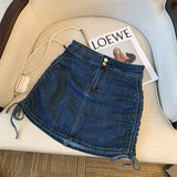 Advbridge New Summer Trend Hot Girl Sexy Style High Waist Side Drawstring Mini Denim Skirt Solid Color Stretch Skinny Women A-Line Skirt