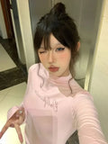 Advbridge Sexy Long Sleeve Pink T-shirt Crop Top Women Y2k Aesthetic Diamond Letter Vintage Gothic Streetwear Tshirts Slim Tee Shirt Femme