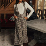 Advbridge Women Classic Plaid Print Christmas Gift Long Jumpsuit Fashion Sleeveless U-Neck Bodysuit Winter Lady Pocket Full Pants Overalls