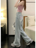 Advbridge Sweet Blue Jeans for Women Bow Embroidery Straight Denim Trousers Y2k Vintage Korean Style Baggy High Waist Jeans Casual