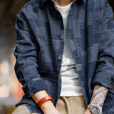 Advbridge Maden Japanese Retro Boro Denim Shirts for Men Jacquard Patchwork Long-Sleeve Button Down Shirt Jacket Oversize Spring Outerwear