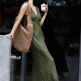 ADVBRIDGE  -  Summer Fashion Green Polka Dot Dress Women French Retro Elegant Slim Long Womens Dresses V-neck Sleeveless Silk Vestido