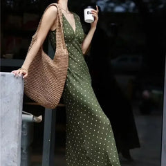 ADVBRIDGE  -  Summer Fashion Green Polka Dot Dress Women French Retro Elegant Slim Long Womens Dresses V-neck Sleeveless Silk Vestido