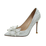 Advbridge  New Thin Heel Pointed Head Shallow Mouth Silver Sexy Wedding Shoes High Heels Fairy Style Bow Office Single Shoes