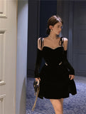 ADVBRIDGE  -  French Retro Black Velvet Dress Women Autumn Beaded V-neck Sexy Off Shoulder Bow Strap Elegant Party Vestidos Fashion Mini Dress