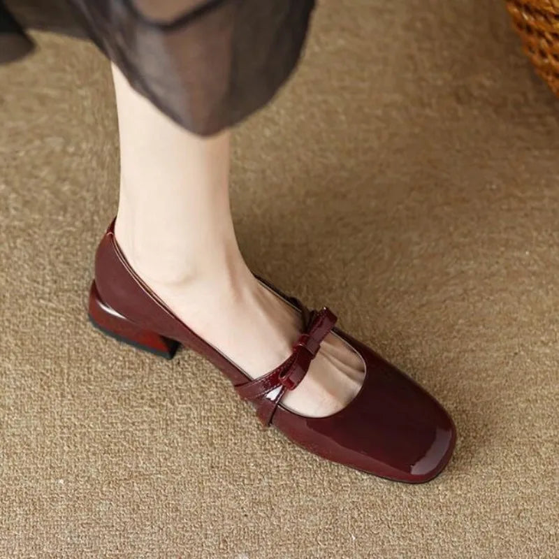 Advbridge -  New Women Mary Jane Shoes Red Ladies Footwear Japanese Style Lolita Low Heel Elegant Bow Leather Shoes Chunky Heel Shoes