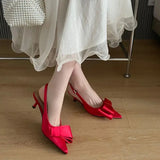 ADVBRIDGE  -  Red Ladies Pumps Low Heel Shoes Summer Pointed Toe Slingback Heels Black Silk Bow Office Shoes Escarpins Femmes Talons 2025