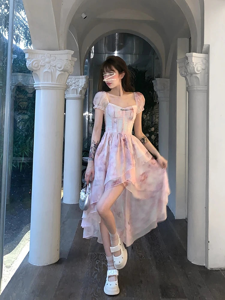 Advbridge Pink Print Chiffon Elegant Dress Women Puff Sleeve France Sweet Party Midi Dress Female Korean Style Casual Floral Dress