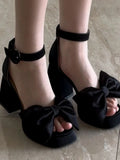 ADVBRIDGE  -  Sweet Bow Chunky Heel Buckle Sandals Women Platform Square Toe Roman High Heels Shoes Female Fashion French Style Sandals