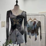 Advbridge Women's Sexy Mesh V-neck Navel-Baring T-shirt Skinny Hot Girl Denim Butterfly Embroidered Patchwork Top Essential Streetwear8921