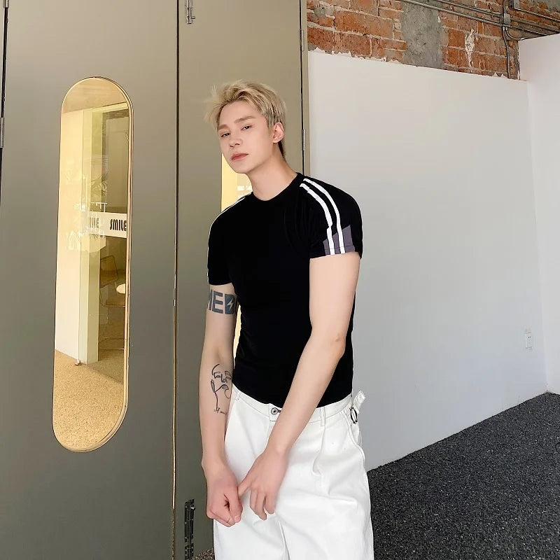 Advbridge Summer Contrast Color Men's Short Style T-shirt Round Neck Short Sleeve Personality Elastic Slim Male Top 2024 New Trend