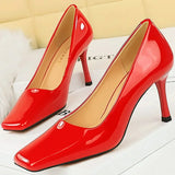 Advbridge Fashion Women 8.5cm High Heels Pumps Brown Glossy Leather Shallow Stiletto Heels Lady Wine Red Nude Office Square Toe Prom Shoes