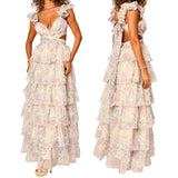 ADVBRIDGE  -  Women Summer Floral Print Ruched Bust Sleeveless V-Neck Ruffle Layered Lace-up Backless Flowy A-Line Long Cake Dress