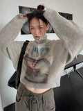 Advbridge Y2k Vintage Knitted Sweaters High Collar Half Zipper Pullover Women Japanese Printed Jumpers Knitwear Autumn All Match Pullovers